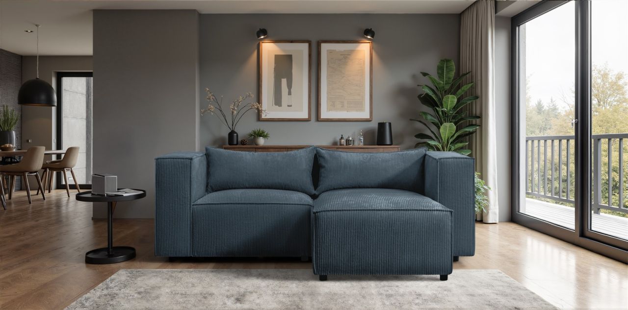 Ecksofa ersofa NEVIO XS in Stoff Lincoln Blau Ottomane Rechts