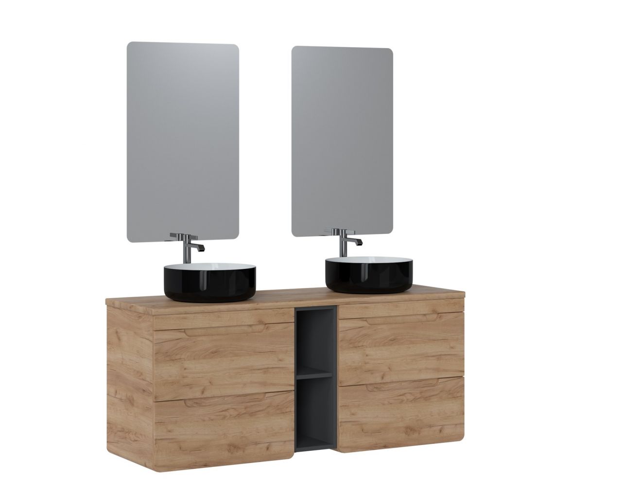 Badmöbel Set 7-tlg Badezimmerset FERMO 140cm Gold Eiche inkl. 2 x Waschtisch