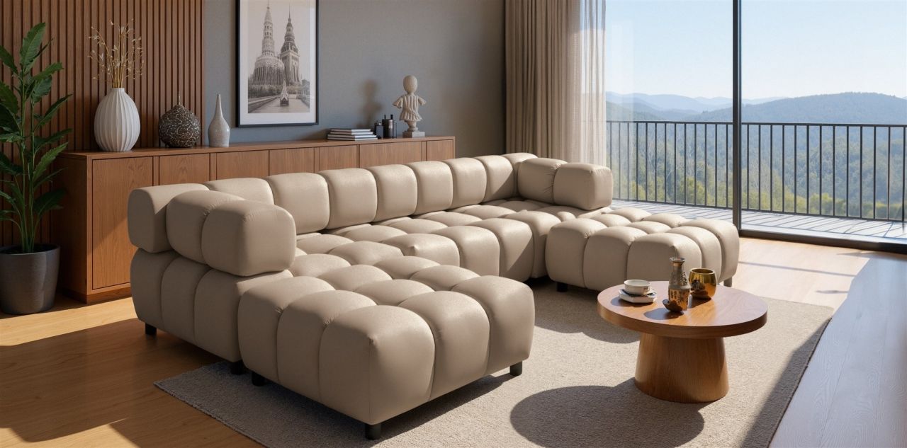 Sofa ersofa FLOW 3-Sitzer inkl. 2 x Polsterhocker Stoff Bluvel Latte
