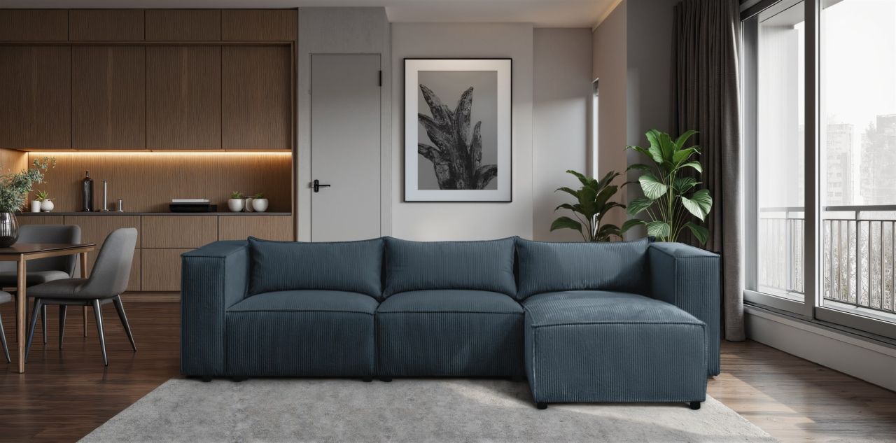 Ecksofa ersofa NEVIO in Stoff Lincoln Blau Ottomane Rechts