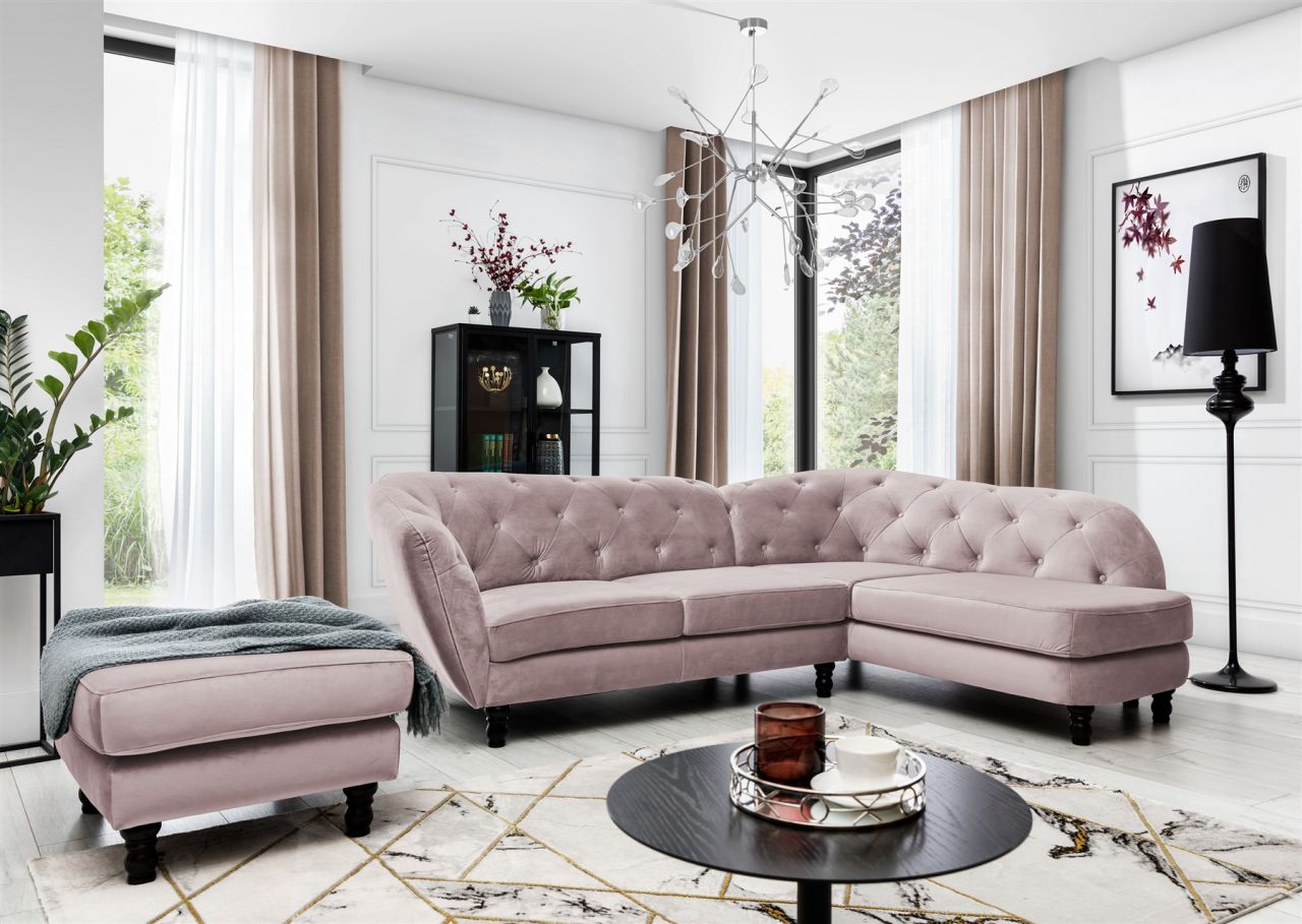 Ecksofa inkl.Hocker CHARLOTTE in Stoff Matt Velvet Altrosa Ottomane Rechts