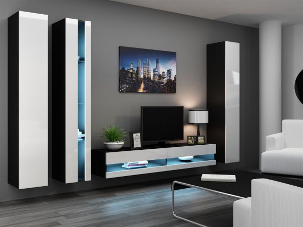 Mediawand Wohnwand 4 tlg - SENTIC 7 - Schwarz/Weiss Hochglanz inkl.LED