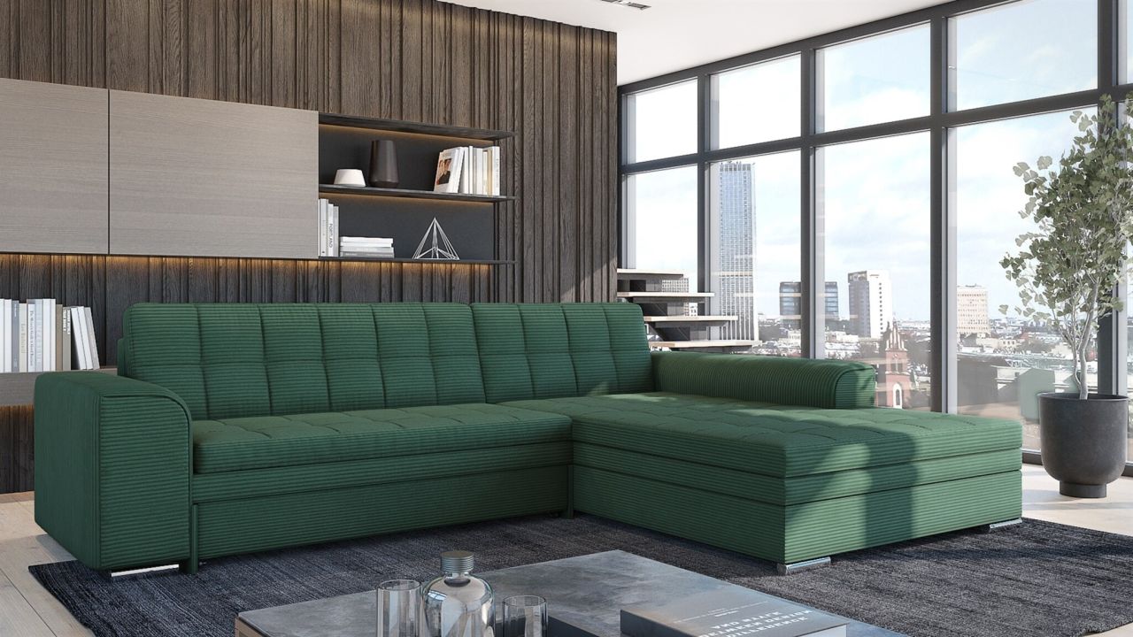 Ecksofa Schlafsofa Sofa LUSAKA in Stoff Lincoln Flaschengrün Ottomane Rechts