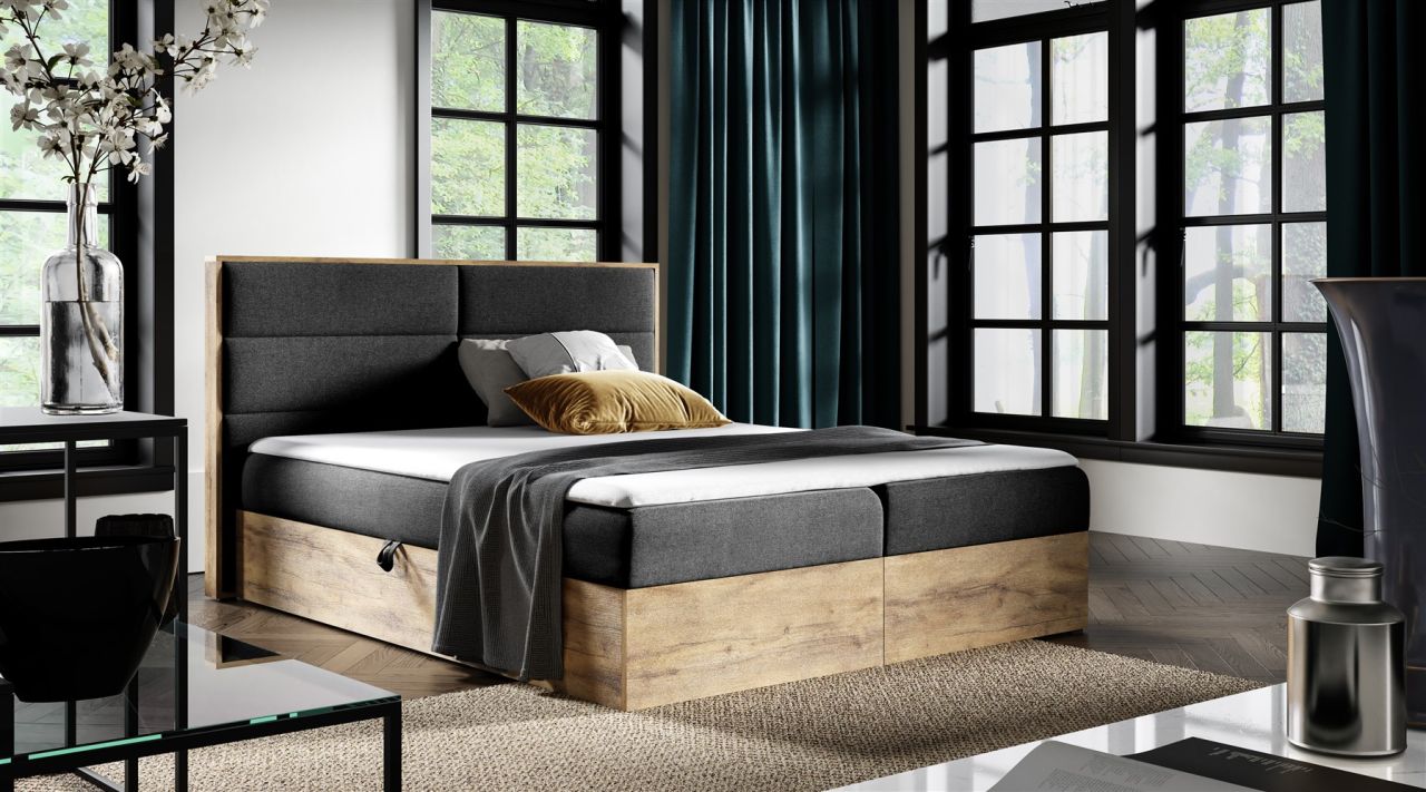 Boxspringbett Bett LAMBROS 180x200cm Lancelot Eiche Stoff Schwarz ink.Bettkasten