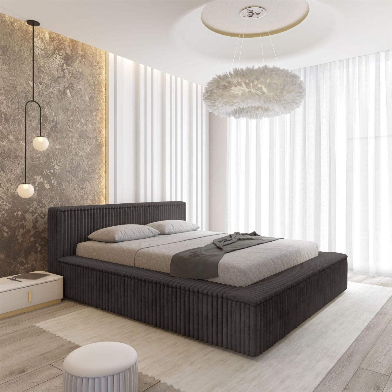 Polsterbett Doppelbett TULSA 140x200cm Komplettset in Stoff Vito Anthrazit