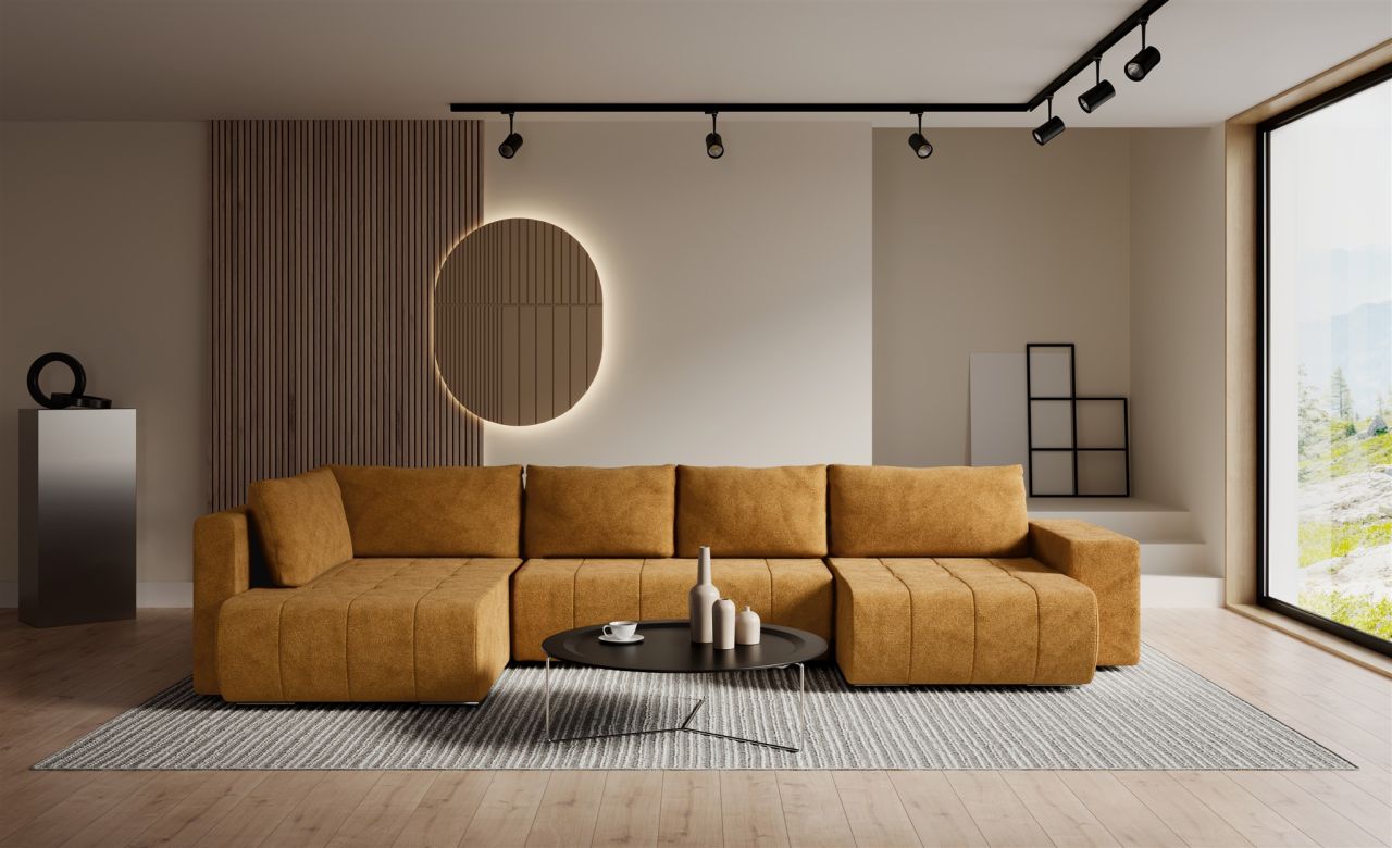 Wohnlandschaft Schlafsofa ARMANDA in Stoff Blur Honiggelb langer Schenkel Links