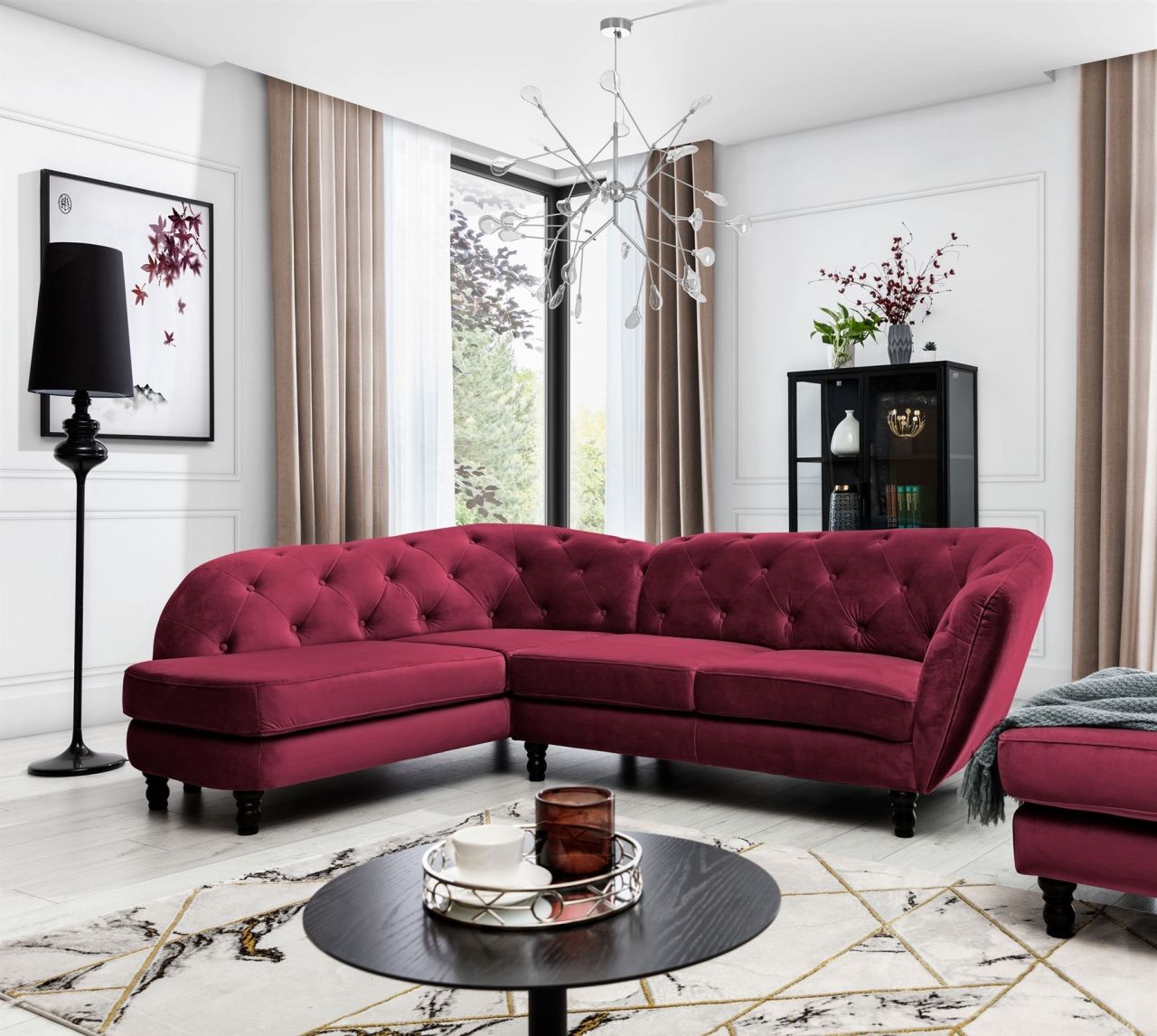 Ecksofa ersofa CHARLOTTE in Stoff Matt Velvet Bordeaux Ottomane Links