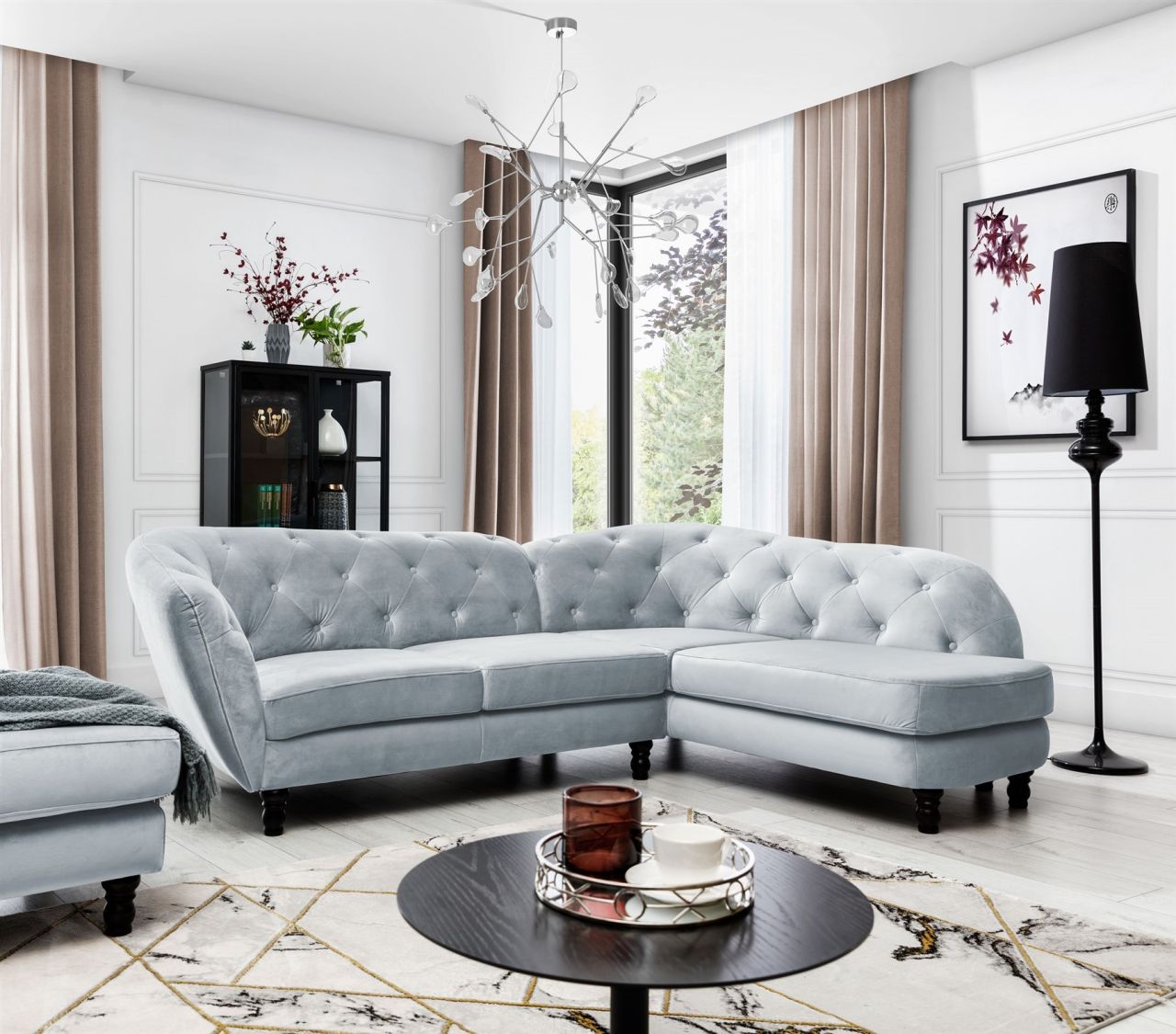 Ecksofa ersofa CHARLOTTE in Stoff Matt Velvet Hellgrau Ottomane Rechts