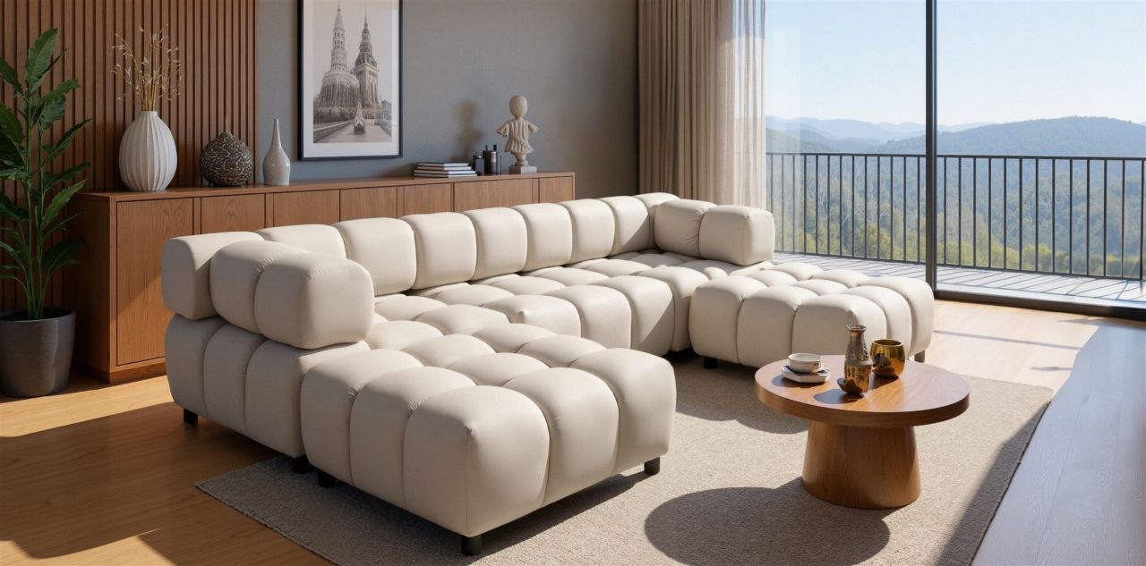 Sofa ersofa FLOW 3-Sitzer inkl. 2 x Polsterhocker Stoff Bluvel Creme