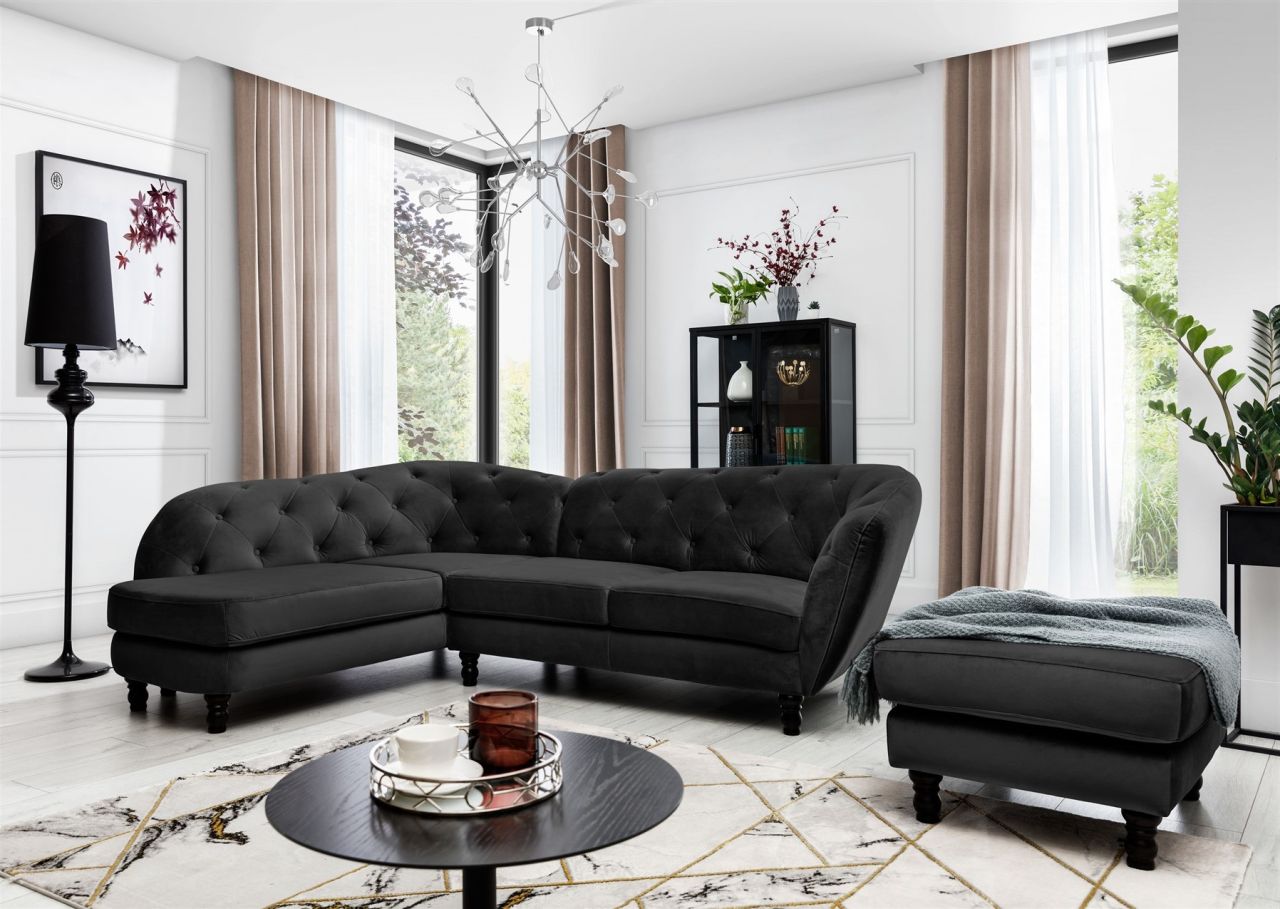 Ecksofa inkl.Hocker CHARLOTTE in Stoff Matt Velvet Schwarz Ottomane Links