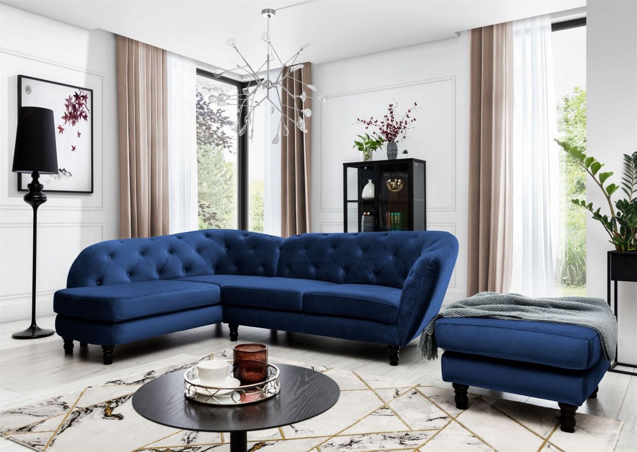 Ecksofa inkl.Hocker CHARLOTTE in Stoff Matt Velvet Dunkelblau Ottomane Links