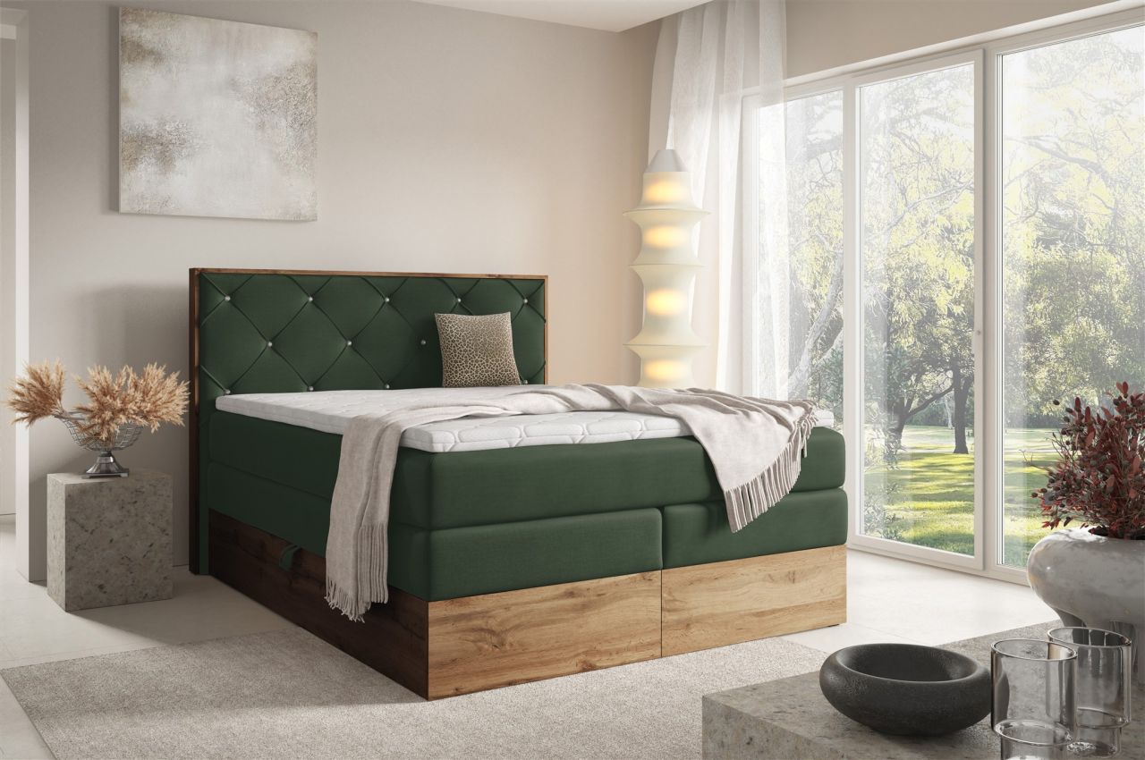 Boxspringbett Schlafzimmerbett NAVEL 140x200cm in Stoff Rouge Dunkelgrün