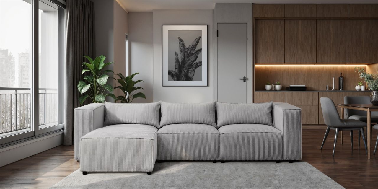 Ecksofa ersofa NEVIO in Stoff Lincoln Grau Ottomane Links