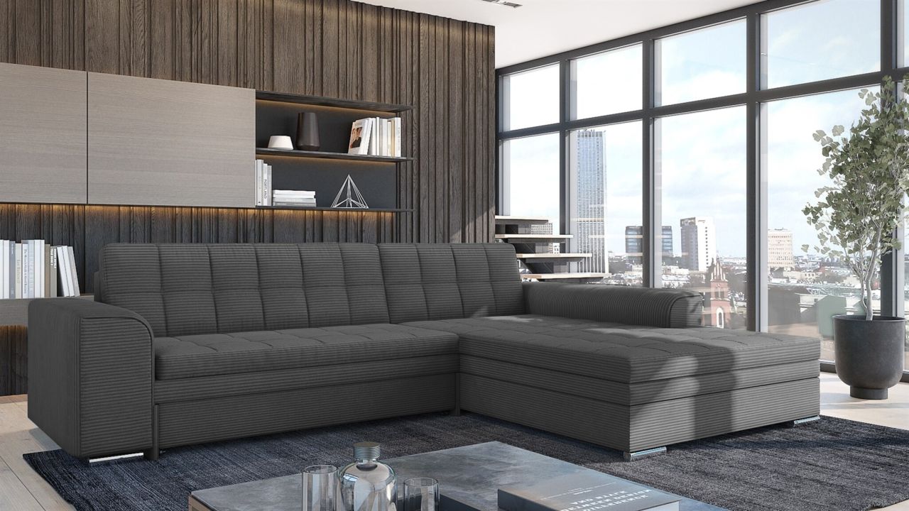 Ecksofa Schlafsofa Sofa LUSAKA in Stoff Lincoln Grafit Ottomane Rechts