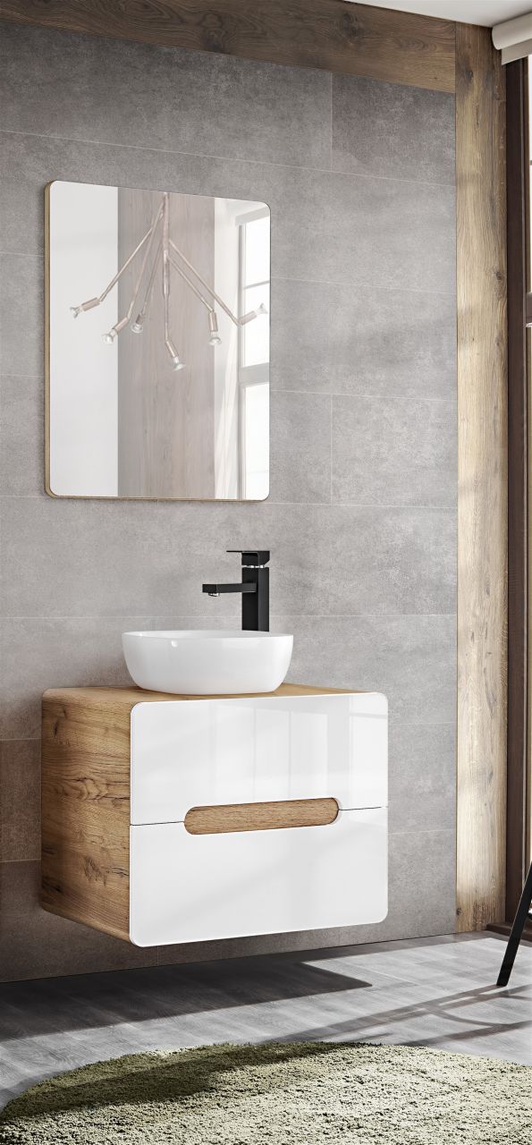 Badmöbel Set 2-tlg Badezimmerset FERMO Weiss HGL 80cm inkl. Waschtisch