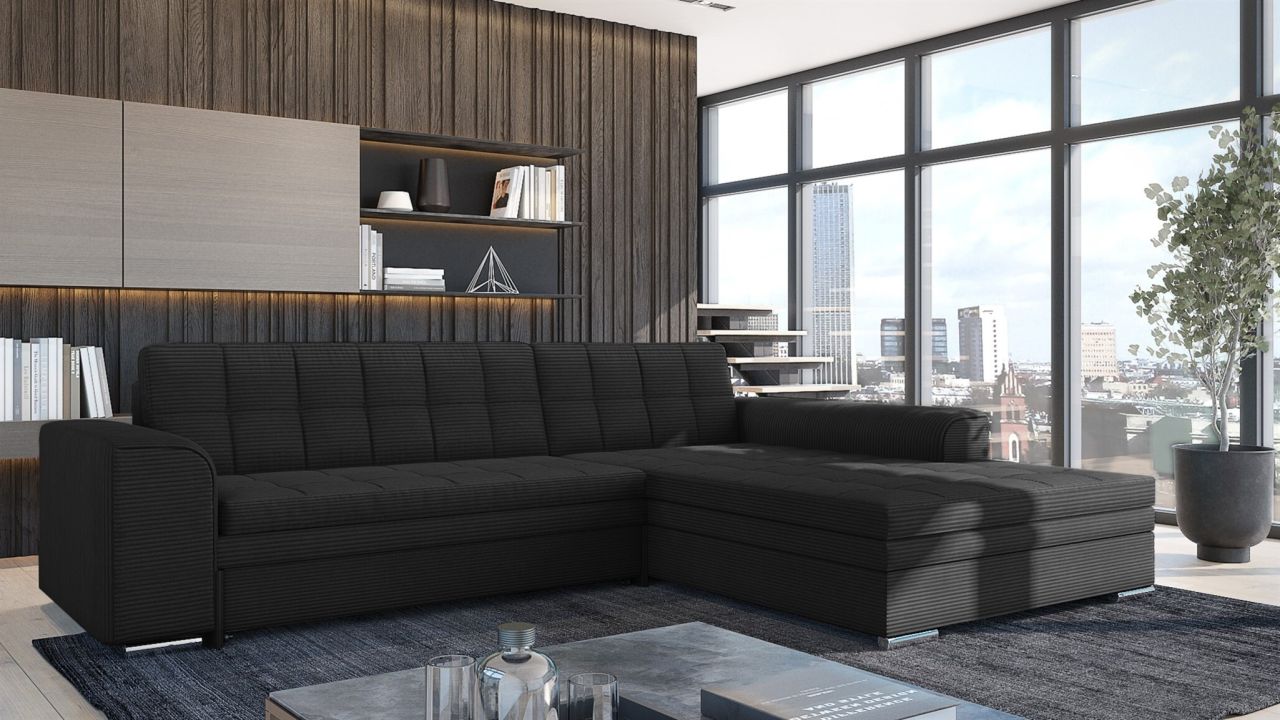Ecksofa Schlafsofa Sofa LUSAKA in Stoff Lincoln Schwarz Ottomane Rechts