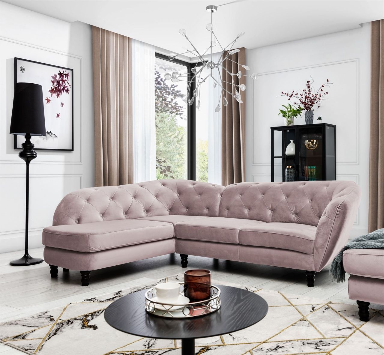 Ecksofa ersofa CHARLOTTE in Stoff Matt Velvet Altrosa Ottomane Links