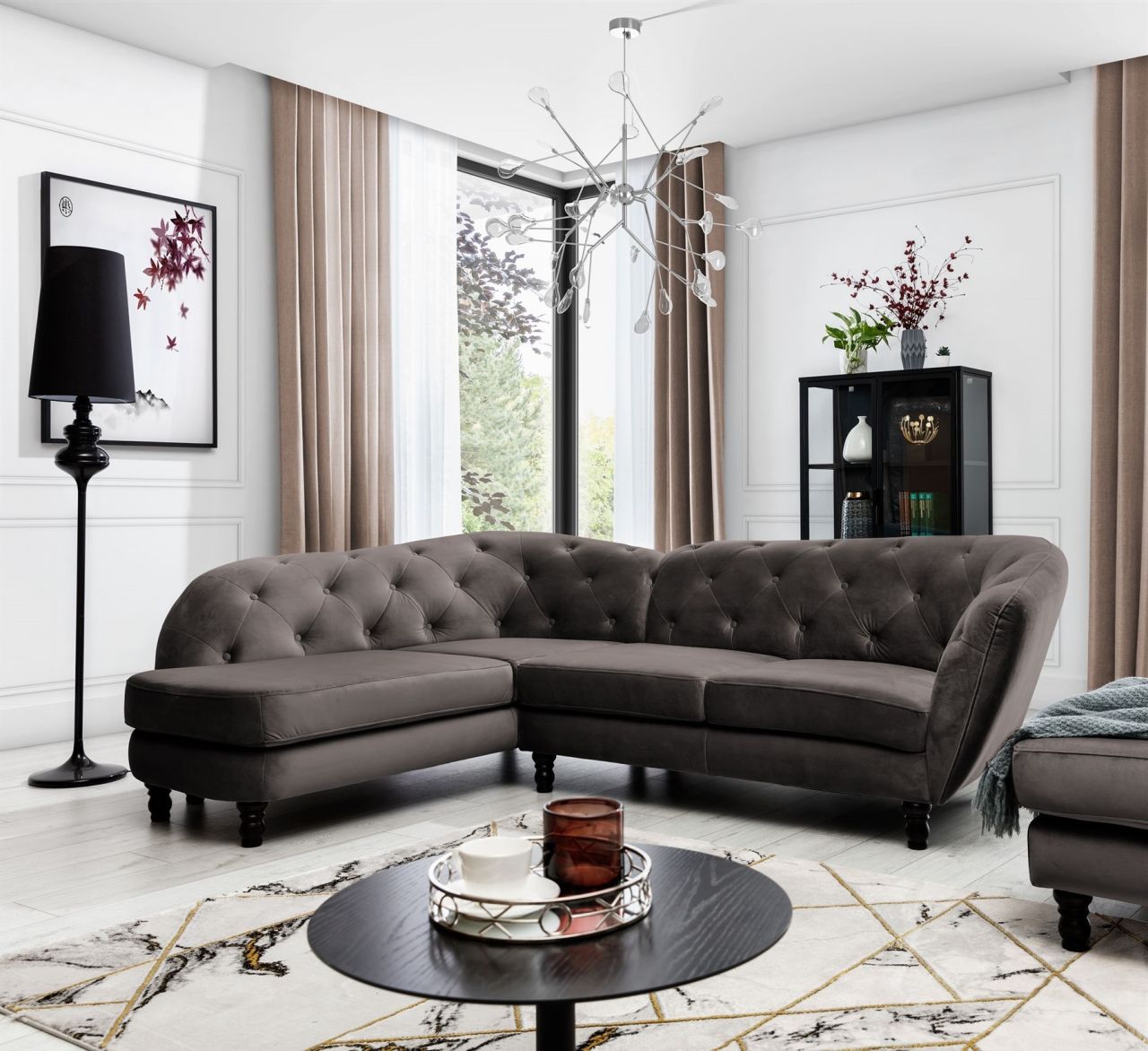 Ecksofa ersofa CHARLOTTE in Stoff Matt Velvet Braun Ottomane Links