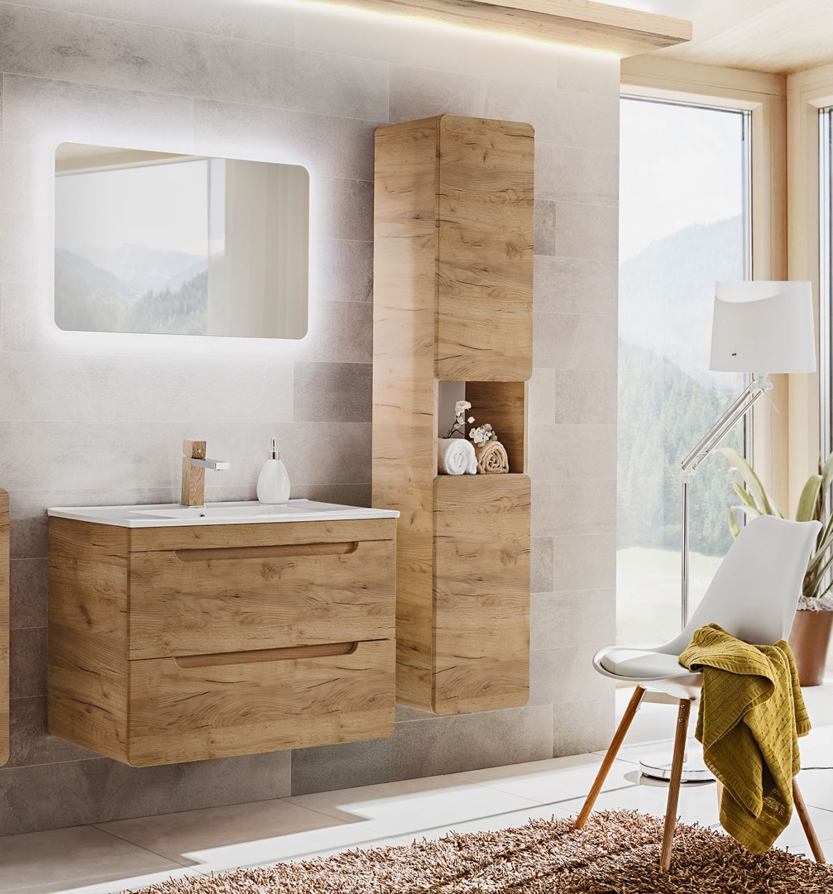 Badmöbel Set 3-tlg Badezimmerset FERMO Gold Eiche inkl.Waschtisch 80cm