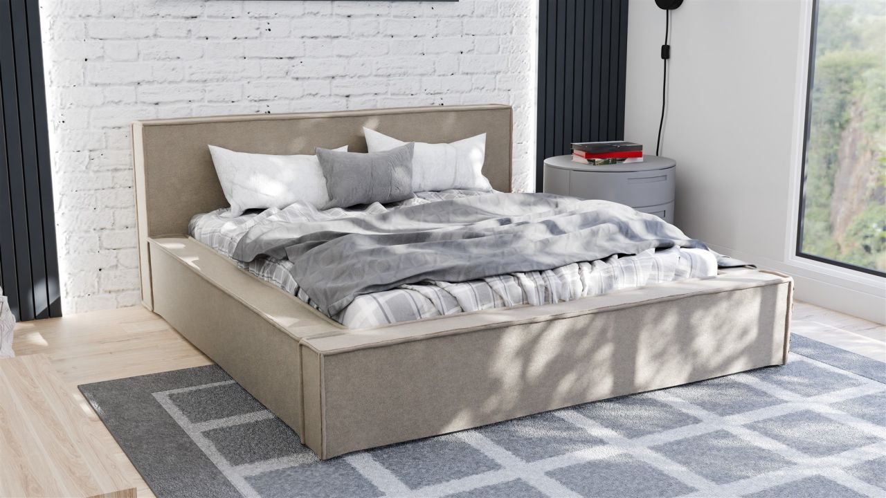 Polsterbett Doppelbett Bett ALDANA 140x200cm in Stoff Freya Hellbraun