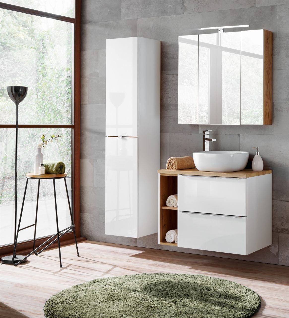 Badmöbel Set 5-tlg Badezimmerset PERUGIA Weiss HGL ohne Waschbecken