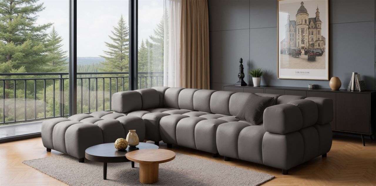 Sofa ersofa FLOW 3-Sitzer inkl. 1 x Polsterhocker Stoff Bluvel Dunkelgrau