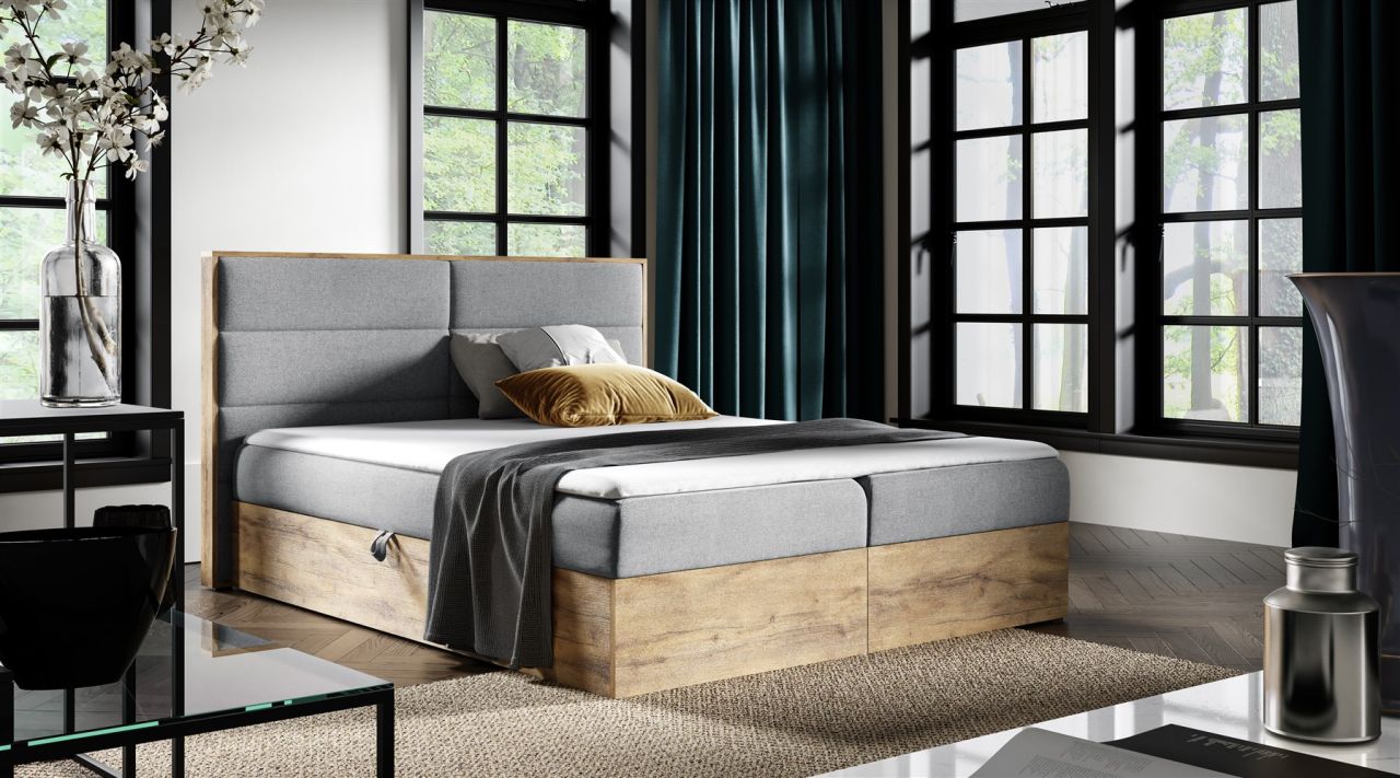 Boxspringbett Bett LAMBROS 180x200cm Lancelot Eiche Stoff Grau inkl. Bettkasten