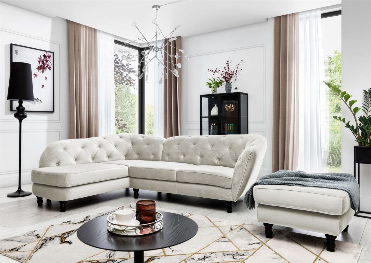 Ecksofa inkl.Hocker CHARLOTTE in Stoff Matt Velvet Beige Ottomane Links