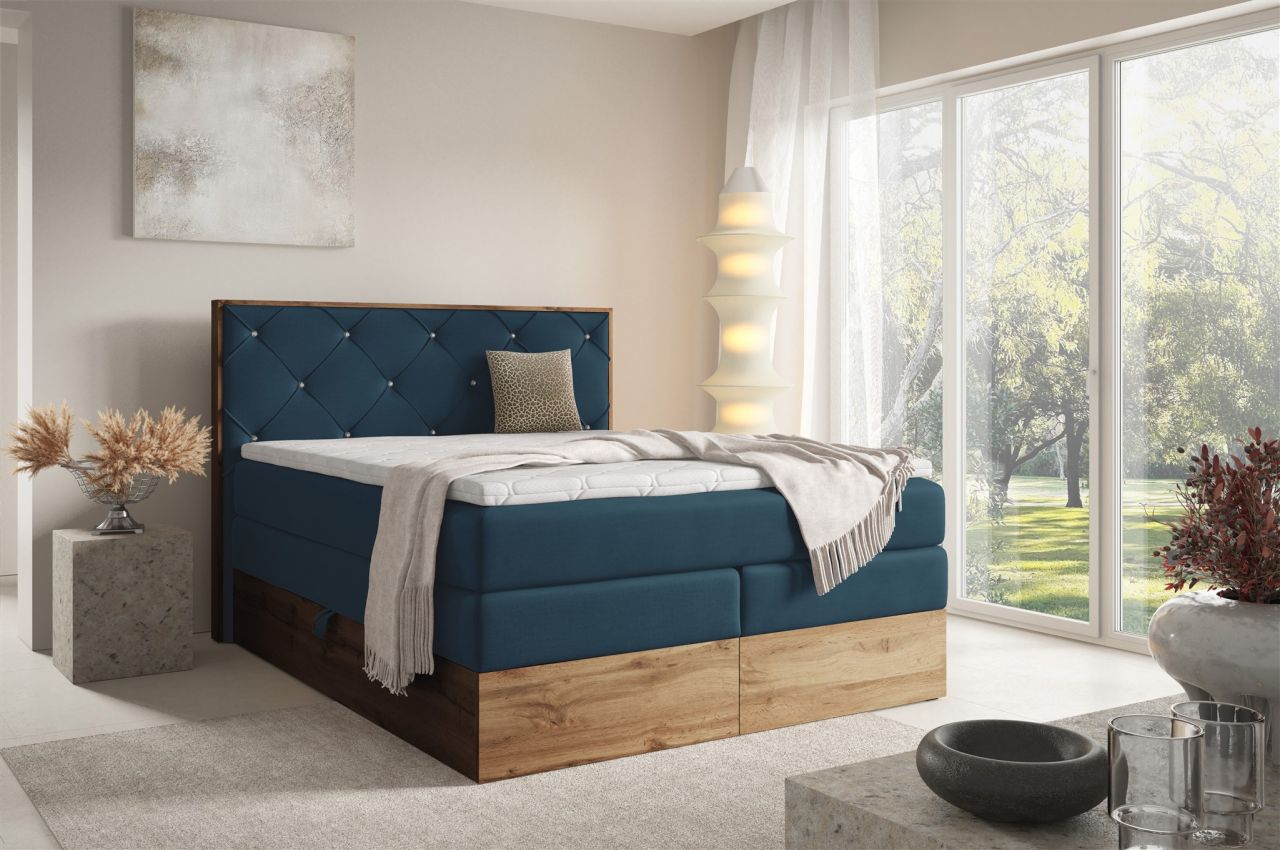 Boxspringbett Schlafzimmerbett NAVEL 140x200cm in Stoff Rouge Dunkelblau