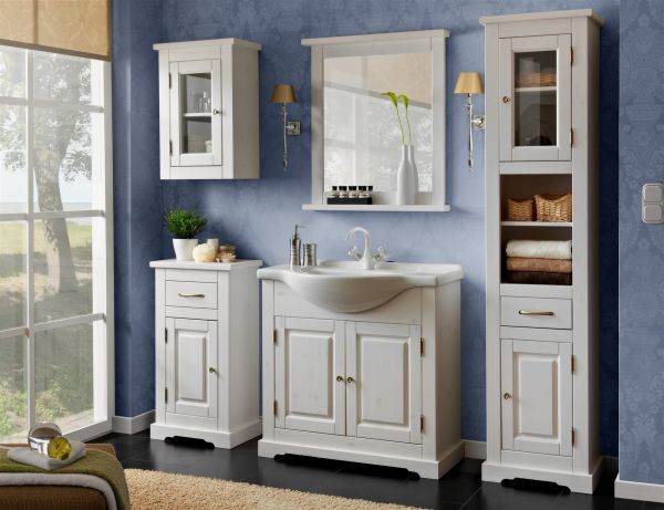 Badmöbel Set 5-tlg ROMI Massivholz Weiss inkl.Waschtisch 85 cm