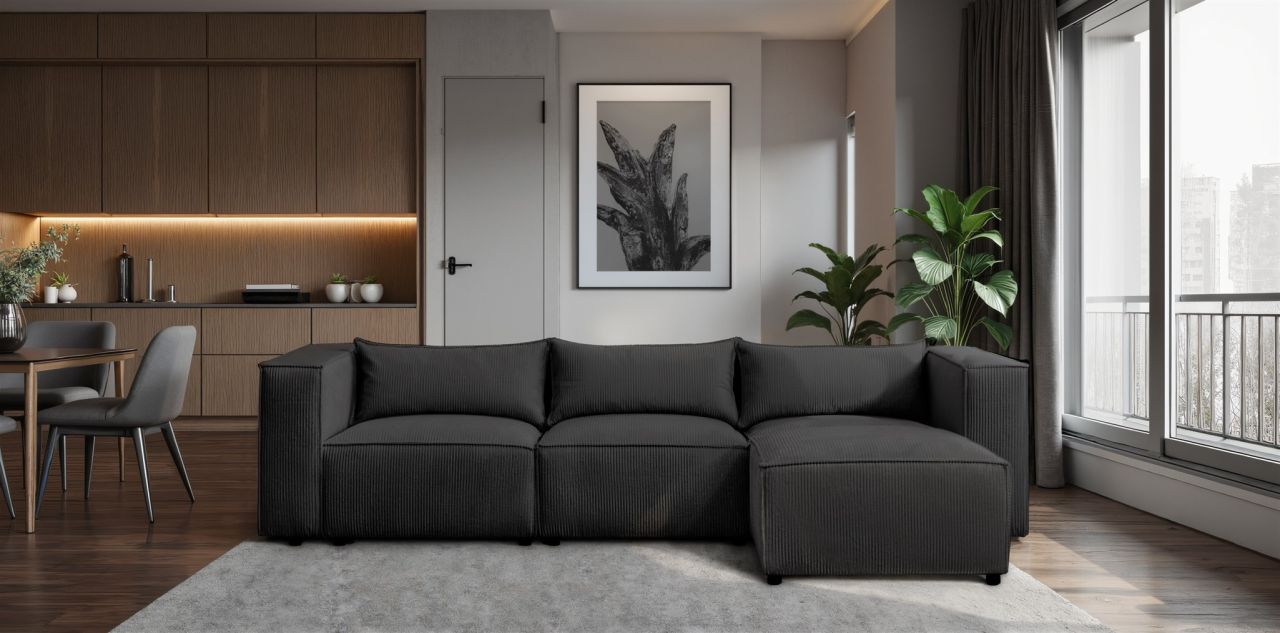 Ecksofa ersofa NEVIO in Stoff Lincoln Schwarz Ottomane Rechts