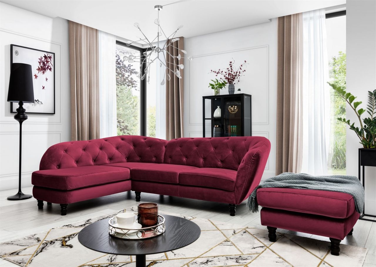 Ecksofa inkl.Hocker CHARLOTTE in Stoff Matt Velvet Bordeaux Ottomane Links