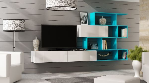 Mediawand Wohnwand 3 tlg - SKY - Weiss HGL / Petrol