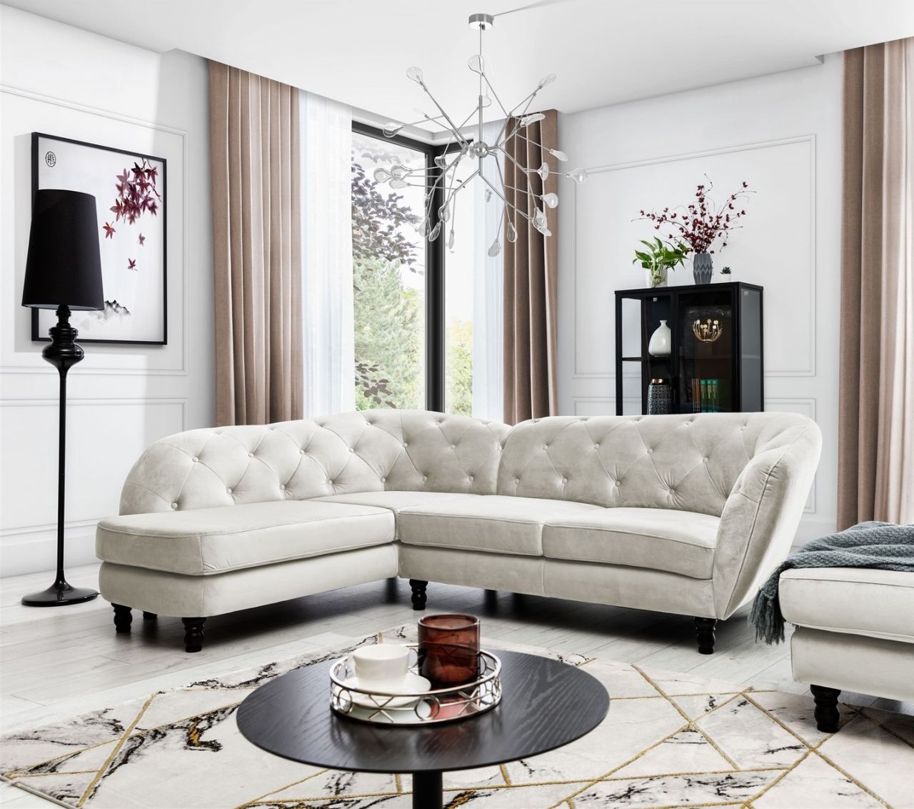 Ecksofa ersofa CHARLOTTE in Stoff Matt Velvet Beige Ottomane Links