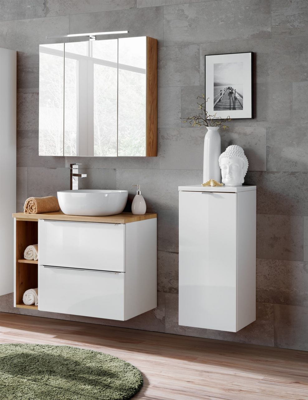 Badmöbel Set 5-tlg Badezimmerset PERUGIA Weiss HGL ohne Waschbecken