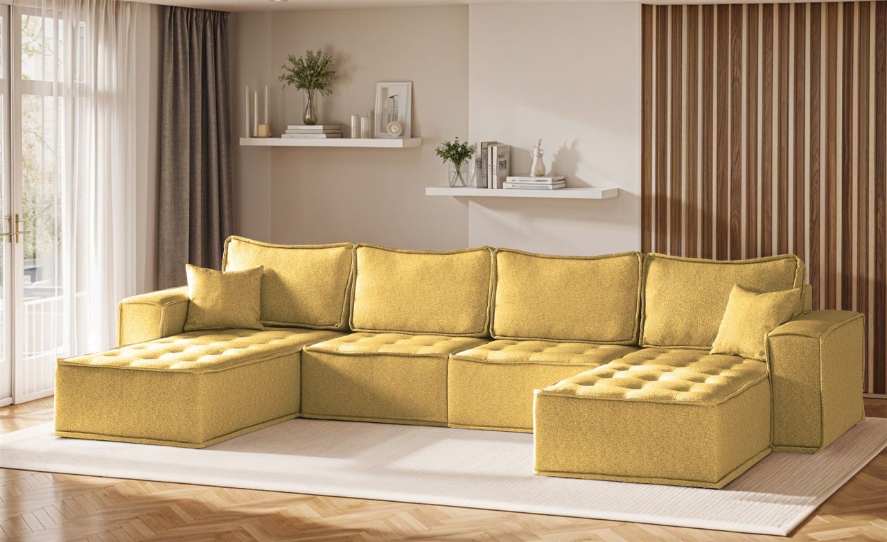 Wohnlandschaft Sofa U-Form Modulsofa-Set 4-teilig SANDE Stoff Raven Honiggelb