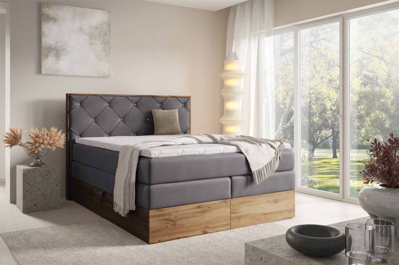 Boxspringbett Schlafzimmerbett NAVEL 140x200cm in Stoff Rouge Dunkelgrau