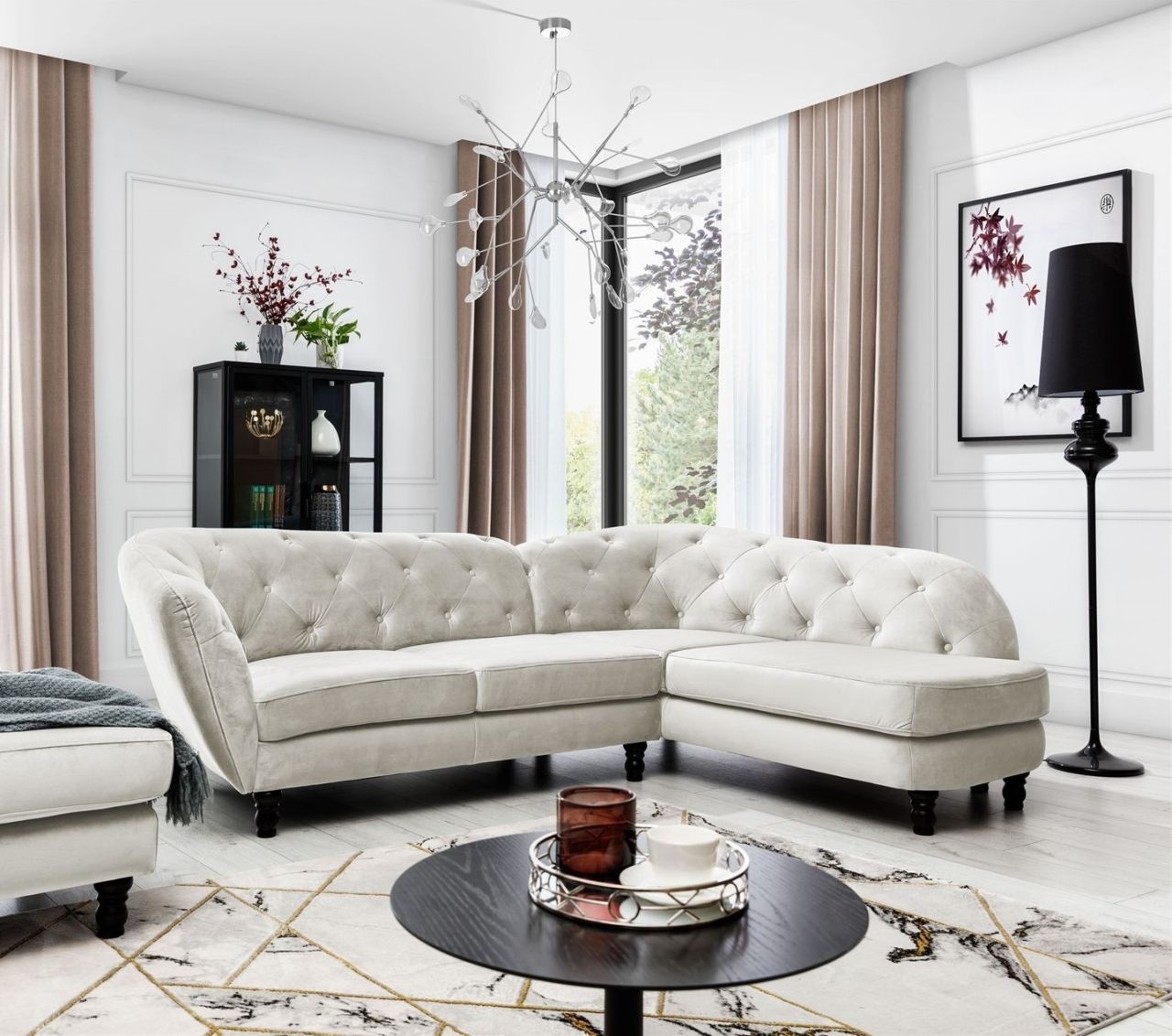 Ecksofa ersofa CHARLOTTE in Stoff Matt Velvet Beige Ottomane Rechts