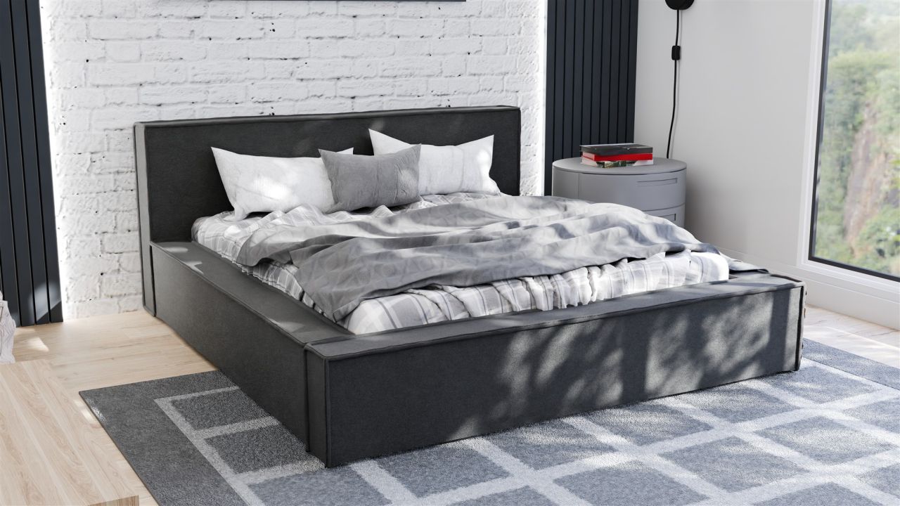 Polsterbett Doppelbett Bett ALDANA 160x200cm in Stoff Freya Schwarz