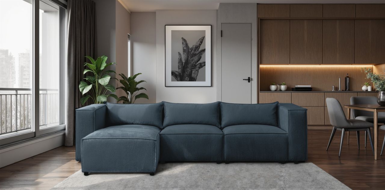 Ecksofa ersofa NEVIO in Stoff Lincoln Blau Ottomane Links